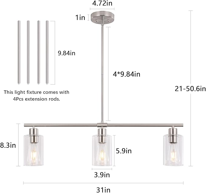3-Light Modern Chandeliers, Brushed Nickel Kitchen Island Lighting Clear Glass Pendant Lighting Adjustable Height Linear Ceiling Hanging Light Fixture Pendant Light Dining Room Farmhouse