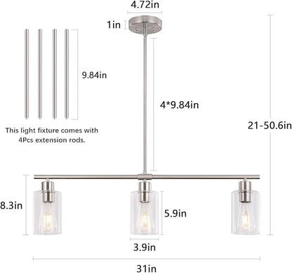 3-Light Modern Chandeliers, Brushed Nickel Kitchen Island Lighting Clear Glass Pendant Lighting Adjustable Height Linear Ceiling Hanging Light Fixture Pendant Light Dining Room Farmhouse