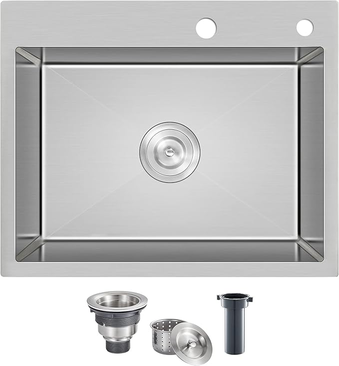 MENATT 24 Inch Drop-in Kitchen Sink, 304 Stainless Steel Topmount Handmade Residential Sink, Single Bowl Workstation Sink with Drain Kit (Brushed), 24"x18"x9"