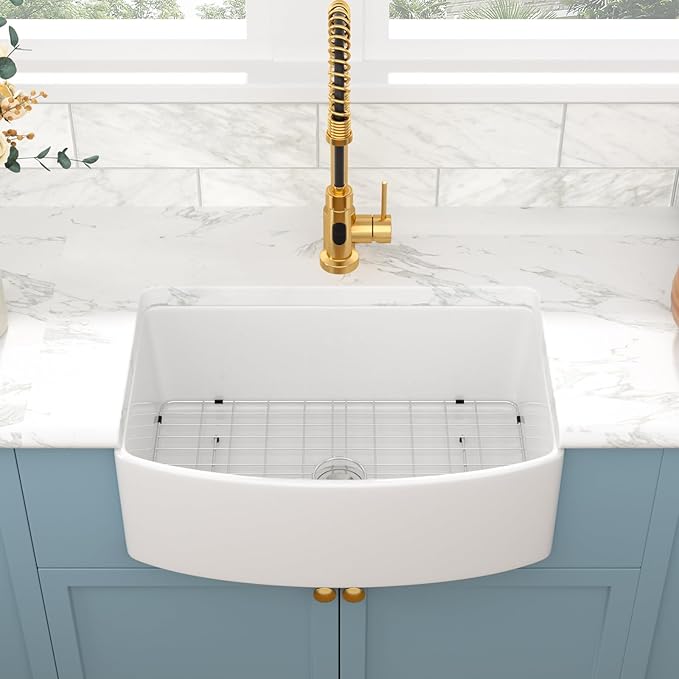 Sarlai 30 White Farmhouse Sink - 30 Inch Kitchen Sink Arch Edge Curved Apron Front Ceramic Porcelain Fireclay Single Bowl Farmer Sinks