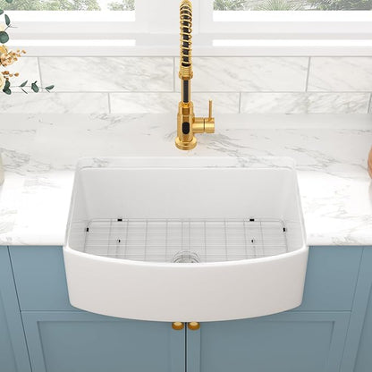 Sarlai 30 White Farmhouse Sink - 30 Inch Kitchen Sink Arch Edge Curved Apron Front Ceramic Porcelain Fireclay Single Bowl Farmer Sinks