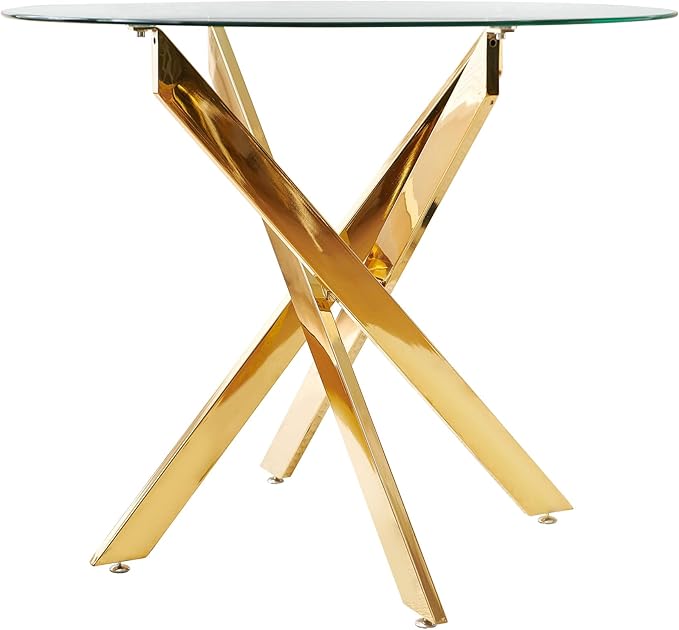Round Glass Dining Table 35.4'' Inch Modern Round Kitchen Table with Metal Legs Durable Stylish Dinner Table for Dining Room Kitchen