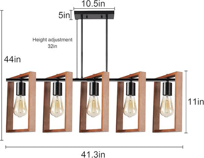 5-Light Island Lights for Kitchen, Rectangular Wood and Black Metal Kitchen Island Chandelier 41.3" Adjustable Rustic Modern Dining Room Light Fixtures Over Table, Chandeliers for Dining Room
