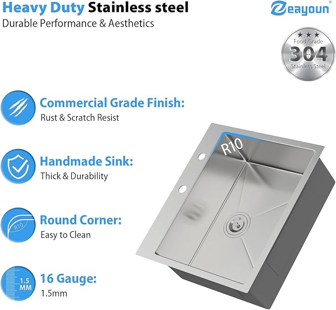 25 Inch Drop in Kitchen Sink 25x22 Drop in Kitchen Sink 16 Gague Topmount Stainless Steel Single Bowl Handmade Sinks Large Deep Basin 25"x22"x9"