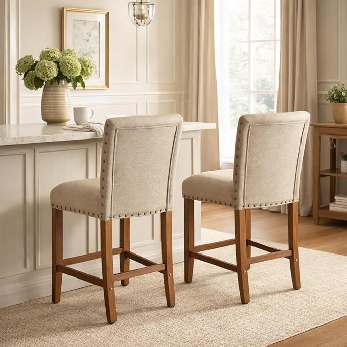 Homepop Home Decor | Backless Nailhead Trim Counter Height Bar Stools | 24 Inch Bar Stools | Decorative Home Furniture (Natural Linen)