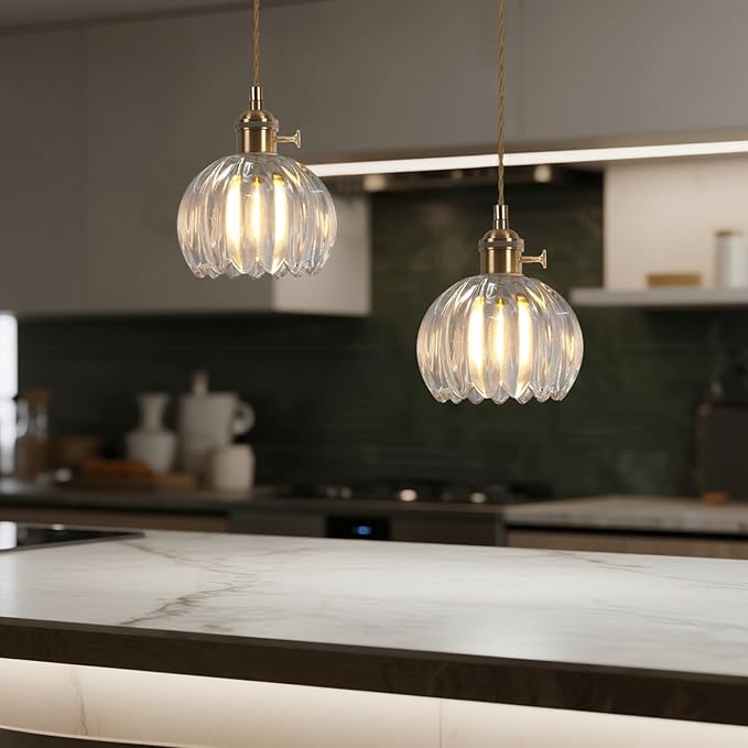 Mini Flower Hanging Lamp Plug in Pendant Light Fixtures, 15Ft Clear Glass Pendant Lights Kitchen Island Dining Room Bedroom Living Room, LED Bulb Included