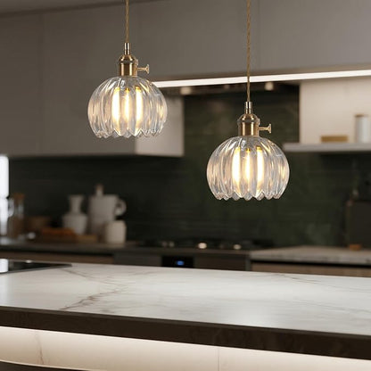 Mini Flower Hanging Lamp Plug in Pendant Light Fixtures, 15Ft Clear Glass Pendant Lights Kitchen Island Dining Room Bedroom Living Room, LED Bulb Included