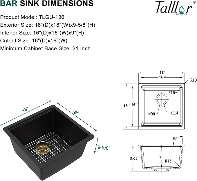 18 Undermount Bar Sink Workstation - 18"x18" Matte Black Granite Composite Quartz Classic Single Bowl Under Counter Small Prep Rv Kitchen Sink #TLGU-130
