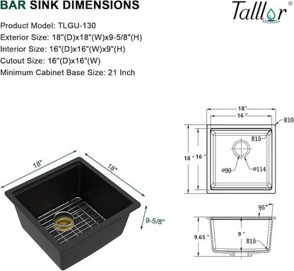 18 Undermount Bar Sink Workstation - 18"x18" Matte Black Granite Composite Quartz Classic Single Bowl Under Counter Small Prep Rv Kitchen Sink #TLGU-130