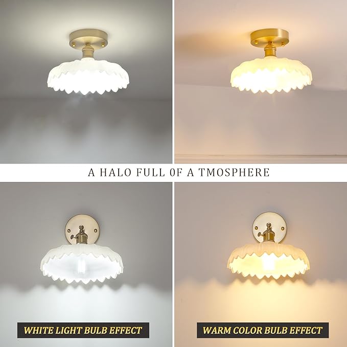 Shenmoyl Semi Flush Mount Light, Gold Hallway Vintage Fixture With White Flower Glass, Bulb Included, 4.72" Base Modern Ceiling Light for Porch Corridor Kitchen Bedroom