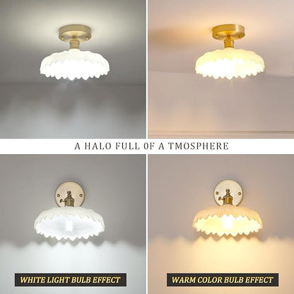 Shenmoyl Semi Flush Mount Light, Gold Hallway Vintage Fixture With White Flower Glass, Bulb Included, 4.72" Base Modern Ceiling Light for Porch Corridor Kitchen Bedroom