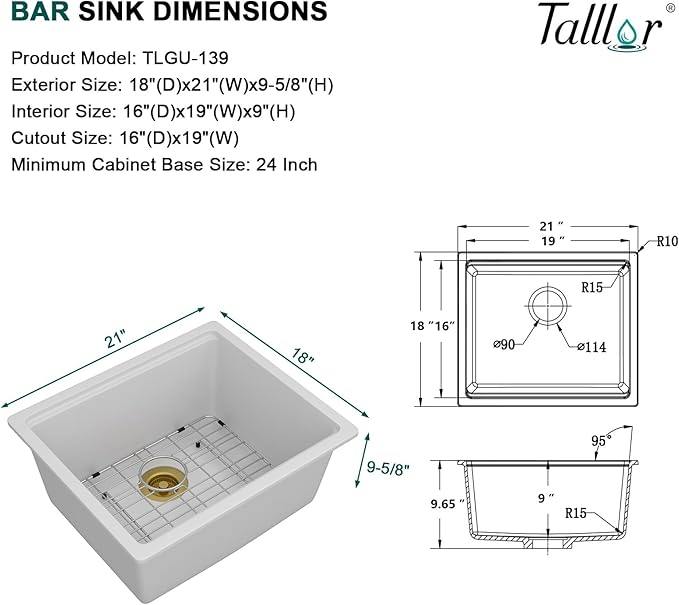 21"x18" Undermount Bar Sink Workstation - 21 Inch Granite Composite White Quartz Classic Single Bowl Under Counter Small Prep Rv Sink All-In One #TLGU-139