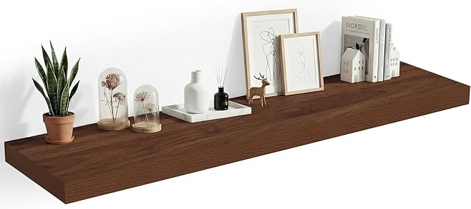 Heimlove 12 Inch Deep Floating Shelves, 48 x 12 inches Long Wall Shelf, Rustic Wood Wall Shelves for Fireplace Mantel, Set of 1 (Walnut)