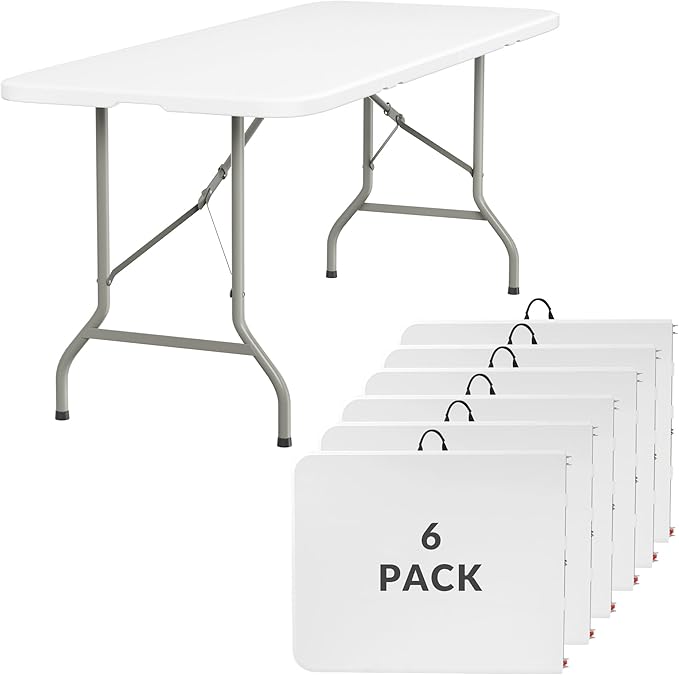 Elevon 6FT Folding Tables – Heavy Duty Portable Foldable Table with Built-in Handle, 300 lb Capacity – Ideal for Events, Parties, Crafts, Camping & Dining (6-Pack)