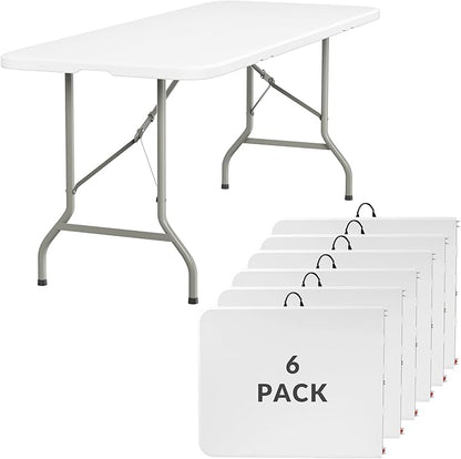 Elevon 6FT Folding Tables – Heavy Duty Portable Foldable Table with Built-in Handle, 300 lb Capacity – Ideal for Events, Parties, Crafts, Camping & Dining (6-Pack)