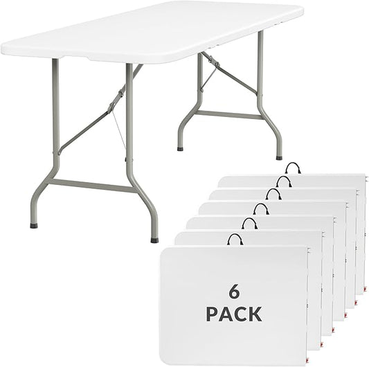 Elevon 6FT Folding Tables – Heavy Duty Portable Foldable Table with Built-in Handle, 300 lb Capacity – Ideal for Events, Parties, Crafts, Camping & Dining (6-Pack)
