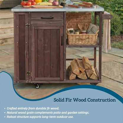 MERITLINE Outdoor Kitchen Island with Stainless Steel Top, Lockable Wheels & Towel Rack, Mobile BBQ Prep Cart with Hidden Cabinet, Drawer, Shelves for Patio, Garden, Backyard, Dark Brown