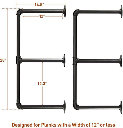 HITOMEN Industrial Iron Pipe Shelves, 2 Set 3-Tier, 28" Tall, 12" Depth, DIY Open Bookshelf Bookcase, Wall Mounted Vintage Retro Shelving, Rustic Farmhouse Pantry Kitchen Storage, Black Shelf Brackets