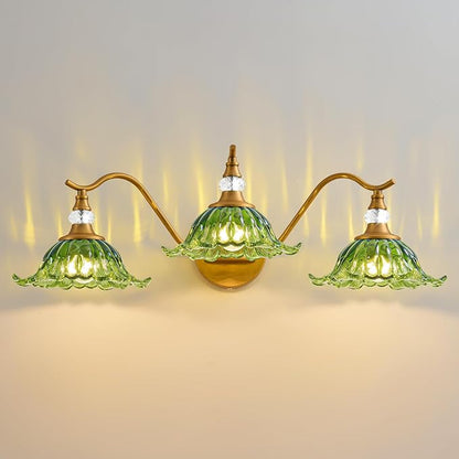 Vintage Bathroom Vanity Light Fixtures - 3 Light Antique Brass Bathroom Lights Fixture Over Mirror with Green Flower Glass,Retro Brushed Gold Bronze Wall-Mounted Vanity Lighting for Powder Room