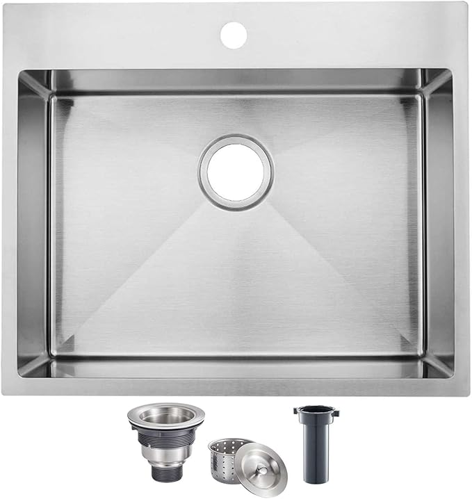 HOTIS 25x22 Inch Drop In Kitchen Sink, 25 Inch Topmount 304 Stainless Steel RV Laundry Utility Sink, Brushed Nickel Single Bowl Bar Sink With Drain