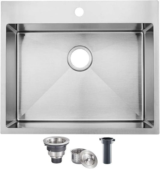 HOTIS 25x22 Inch Drop In Kitchen Sink, 25 Inch Topmount 304 Stainless Steel RV Laundry Utility Sink, Brushed Nickel Single Bowl Bar Sink With Drain