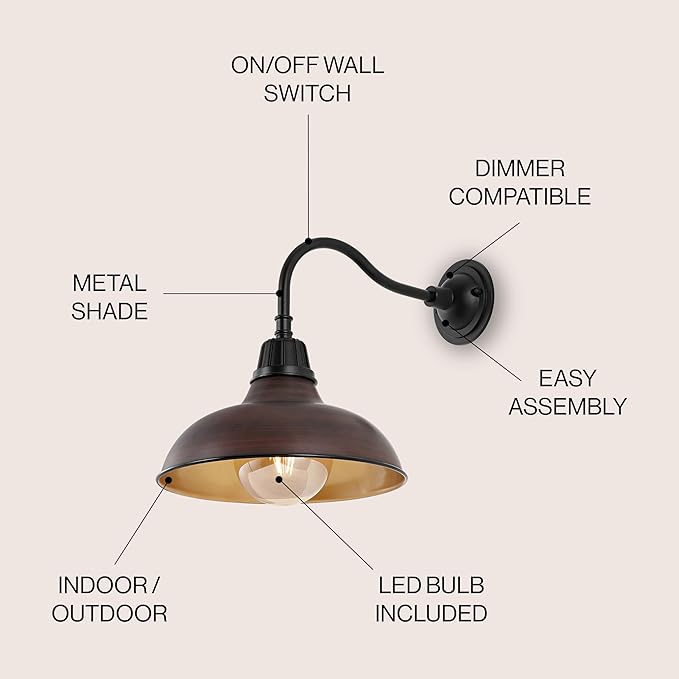 JONATHAN Y 12.25" 1-Light Wood Finish/Copper Farmhouse Industrial Outdoor Sconce, LED Gooseneck Wall Light for Porch, Metal Bowl Shade, Dimmable Vintage Exterior Fixture, LED Bulb Included (JYL7613G)