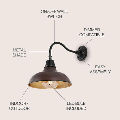JONATHAN Y 12.25" 1-Light Wood Finish/Copper Farmhouse Industrial Outdoor Sconce, LED Gooseneck Wall Light for Porch, Metal Bowl Shade, Dimmable Vintage Exterior Fixture, LED Bulb Included (JYL7613G)