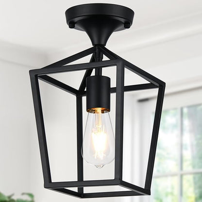 【Upgraded】Semi Flush Mount Ceiling Light, Black Industrial Ceiling Light Fixtures, Farmhouse Light Fixture for Hallway Stairway Garage Living Room Dining Room Balcony（Not waterproof, Not for Outdoor）