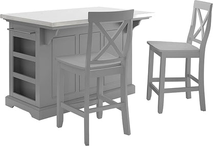 Crosley Furniture Julia Stainless Steel Top Island with Storage, Coffee Bar, and a Set of 2 X-Back Stools, Gray