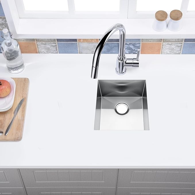 13 Inch Undermount Bar Sink, ORLANDO 13'' x 15'' Stainless Steel Bar Sink 18 Gauge Handmade Undermount Single Bowl Small Kitchen Sink with Strainer