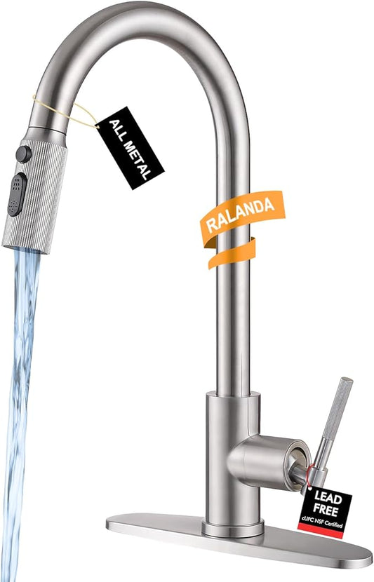 Brushed Nickel Kitchen Sink Faucet with Pull Down Sprayer- High Arc Stainless Steel Single Handle, 3-Spray Mode Metal Head for RV Camper Farm, Fit for 1 or 3 Hole with 10'' Deck Plate