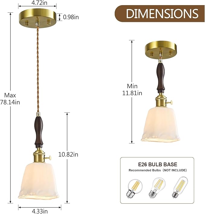 Mini Pendant Light Milky White Glass Pendant Lights Vintage Brass Pendant Lighting Kitchen Island Hanging Lamp with Wood Handle for Bedroom Dining Room (2 Pack)