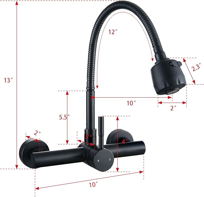Wall Mount Kitchen Faucet with Sprayer 8“ Center,Matte Black Stainless Steel Sink Mixer Tap, Laundry Utility Faucets with Dual Functionals Sprayer