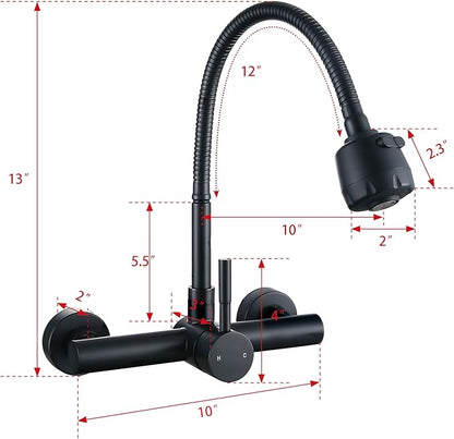 Wall Mount Kitchen Faucet with Sprayer 8“ Center,Matte Black Stainless Steel Sink Mixer Tap, Laundry Utility Faucets with Dual Functionals Sprayer