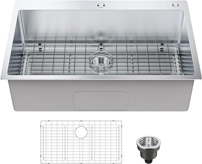 VEVOR 33" Kitchen Workstation, 304 Stainless Steel Top Mount, Built-in Single Bowl Farmhouse with Accessories, Home Dishwasher Sink, for RV, Prep Kitchen and Bar (Black) (Silver, 33IN)
