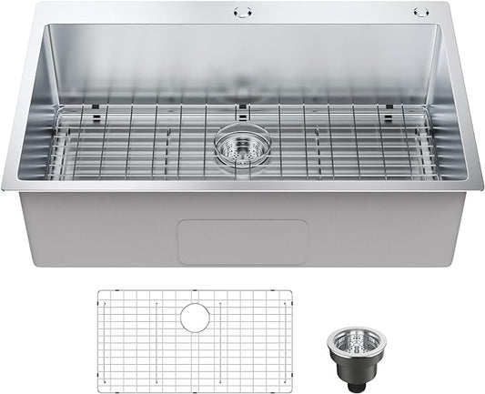 VEVOR 33" Kitchen Workstation, 304 Stainless Steel Top Mount, Built-in Single Bowl Farmhouse with Accessories, Home Dishwasher Sink, for RV, Prep Kitchen and Bar (Black) (Silver, 33IN)
