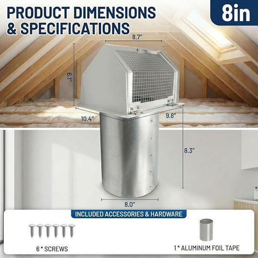 8 Inch Hooded Wall Vent, Outdoor Wall Exhaust Vent Cover Wall Cap with Screen & Backdraft Damper, White Galvanized Steel Exterior Vent for Range Hood Bathroom Garage HVAC Duct