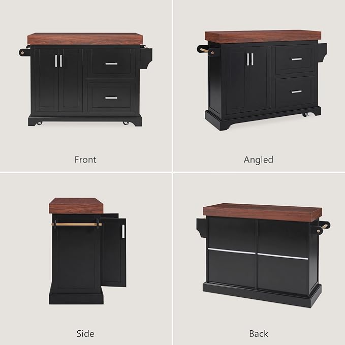 53" Large Kitchen Island with 3.5" Thick Desktop, Spice and Towel Racks, Rolling Kitchen Island with Storage on 5 Wheels, 2 Extra-Large Drawers, for Home, Kitchen, Dining Room, Black