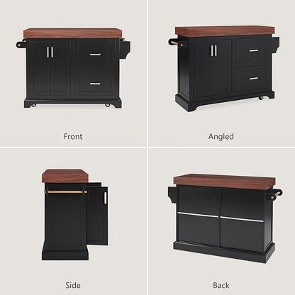 53.25" Large Kitchen Island with Storage on Wheels and 2 Extra-large Drawers, Rolling kitchen Island with Spice Rack and Towel Rack, Mobile Dining Table with 3.5" Thick Desktop and Cabinet Black