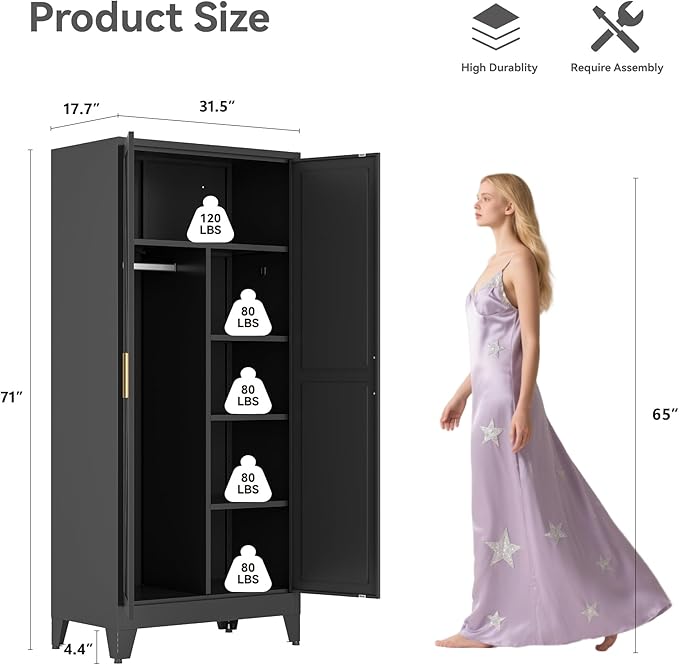 Metal Combination Cabinet, Utility Storage Cabinet with 4 Shelves, Farmhouse Pantry Closet with Doors, 71" Tall Storage Cabinets with Hanging Rod and Clothing Shelf for Hallway Laundry Mudroom