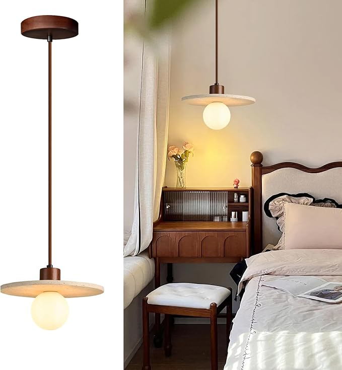 Japanese Wabi sabi Pendant Light with Natural Stone Shade, Dimmable Modern Wood Hanging Lamp Fixture, Adjustable Height Pendant Lamp for Bedroom, Kitchen Island, Dining Room, Restaurant, Cafe, Bar (M)
