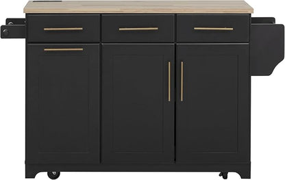 Merax 59.3" Black Kitchen Island with Storage, 2 Pull Out Cabinet Organizers & Rubber Wood Drop Leaf, Rolling Island Table with Trash Can Storage, Power Outlet, Spice & Towel Rack for Kitchen Dining