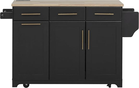 Merax 59.3" Black Kitchen Island with Storage, 2 Pull Out Cabinet Organizers & Rubber Wood Drop Leaf, Rolling Island Table with Trash Can Storage, Power Outlet, Spice & Towel Rack for Kitchen Dining