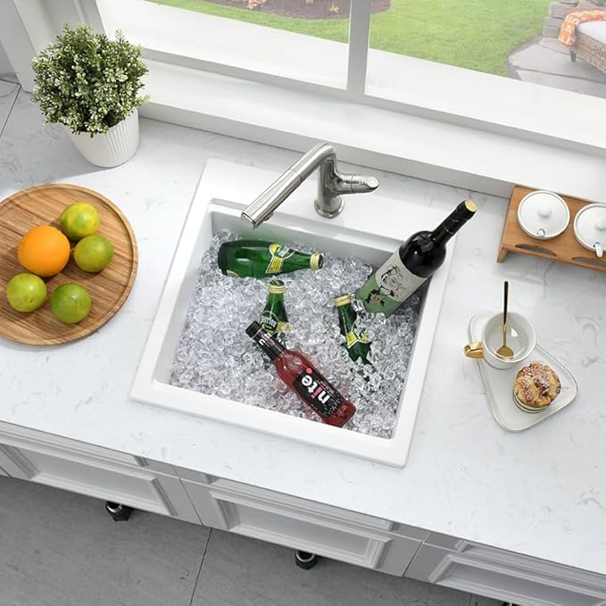 21 Inch White Bar Sink Drop In Quartz-Bokaiya 21x20 White Drop In Kitchen Sink Outdoor Rv Topmount Workstation Single Bowl Wet Bar Sinks with Cutting Board
