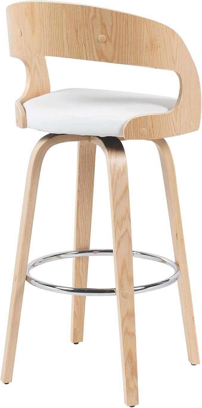 Shelly Modern Bar Height Swivel Stool in Patterned Oak Finish with White Faux Leather Upholstered Seat Set of 2