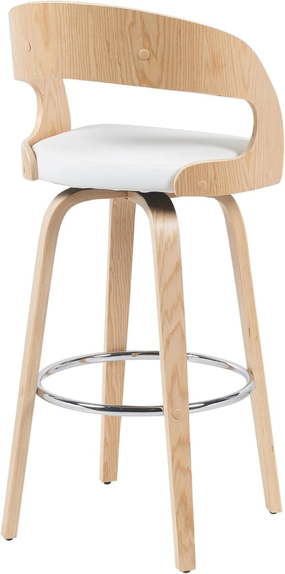 Shelly Modern Bar Height Swivel Stool in Patterned Oak Finish with White Faux Leather Upholstered Seat Set of 2