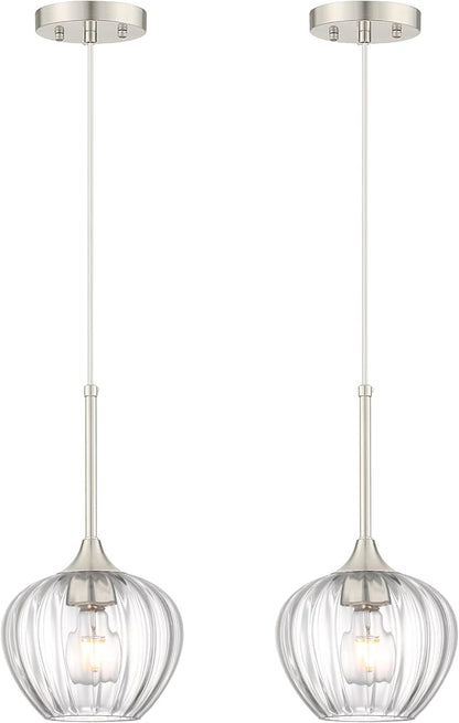 2-Pack Glass Pendant Lights Kitchen Island, 7" Modern Brushed Nickel Pendant Lighting Small Hanging Light Fixtures for Kitchen, Dining Room, Bathroom, Bedroom