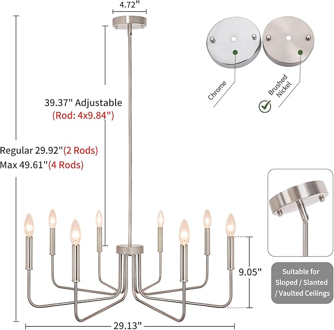 8-Light Farmhouse Chandelier for Dining Room Light Fixtures, Brushed Nickel Dining Room Light Fixture, Candle Ceiling Industrial Modern Chandelier for Living Room Kitchen Entryway Foyer Bedroom