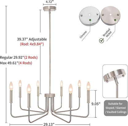 8-Light Farmhouse Chandelier for Dining Room Light Fixtures, Brushed Nickel Dining Room Light Fixture, Candle Ceiling Industrial Modern Chandelier for Living Room Kitchen Entryway Foyer Bedroom