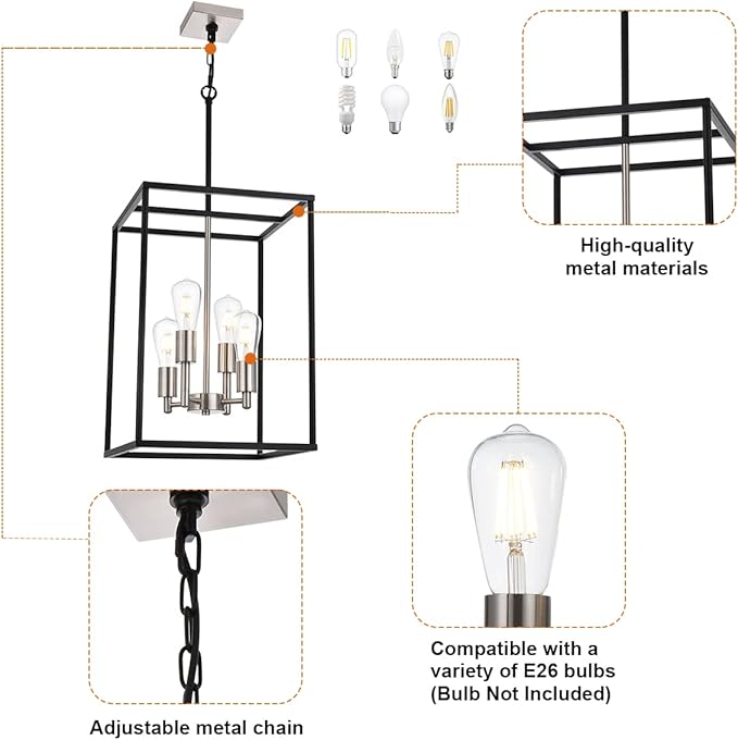 VINLUZ 4-Light Lantern Chandelier Light Fixture Black and Brushed Nickel Finish Industrial Farmhouse Pendant Lighting Square Cage Kitchen Island Hanging Ceiling Light for Dining Room